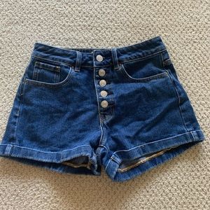 Dark wash mom shorts with button detail!